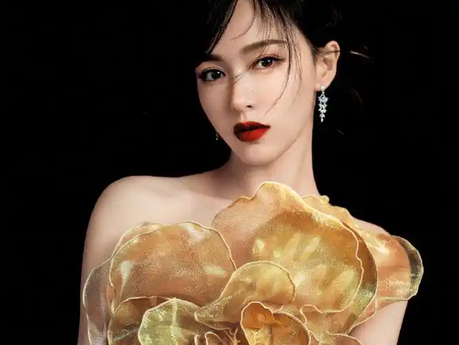 唐嫣今日#腾讯视频星光大赏#造型,一套guo pei金色高定礼服,搭配捍浇