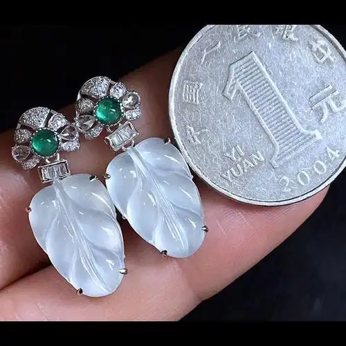 月亮阿姨翡翠高冰种树叶耳钉耳饰18k金镶嵌珠宝首饰缅甸a货翡翠送女友