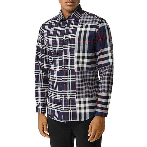 不对称格纹 巴宝莉 服装 纯棉 衬衣 专柜同款 格纹 男装 男士长袖衬衫