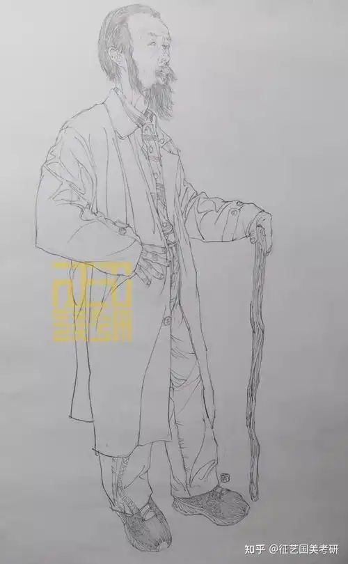 国美考研高分示范线性素描示范侧身站姿全身像