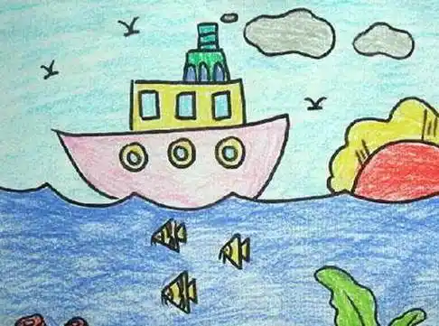 彩色铅笔画作风景-海上轮船航行大海浪花的图片怎么画简笔画简单好看