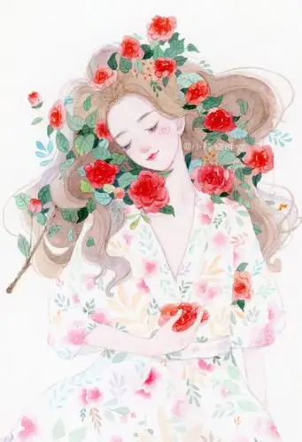 茶花与少女水彩插画手绘教程图片安静文静的女生在茶花中唯美水彩画