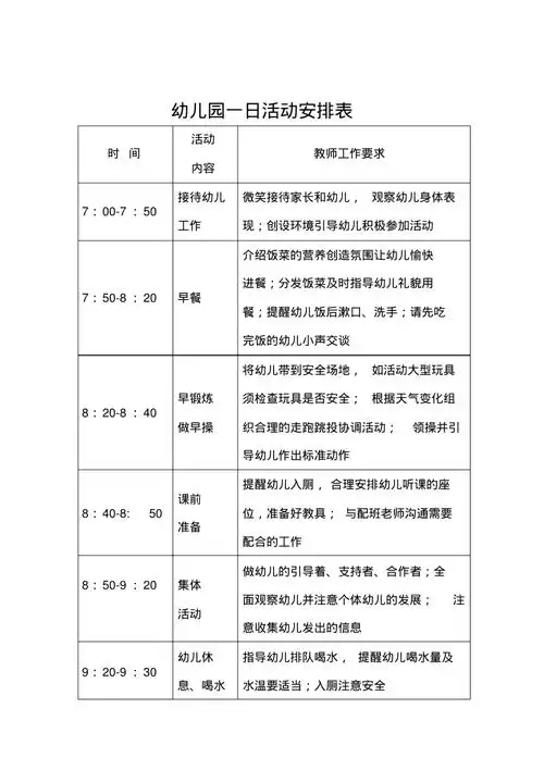 幼儿园一日活动安排表