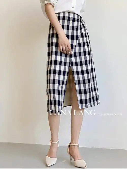 职场丽人穿搭醋酸格子开衩半身裙