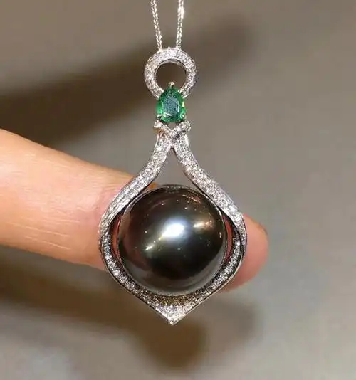 天然大溪地黑珍珠吊坠18k金钻石祖母绿镶嵌珠子1415mm正圆强光几乎