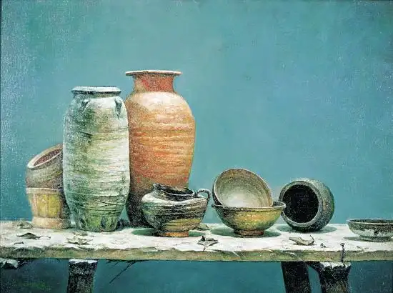 汪文斌 旧木架上的陶罐