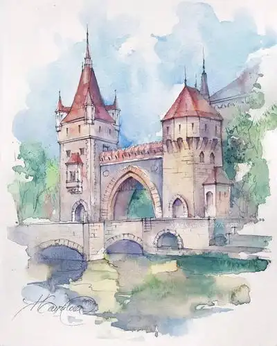 水彩 插画 风景绘画 欧式建筑