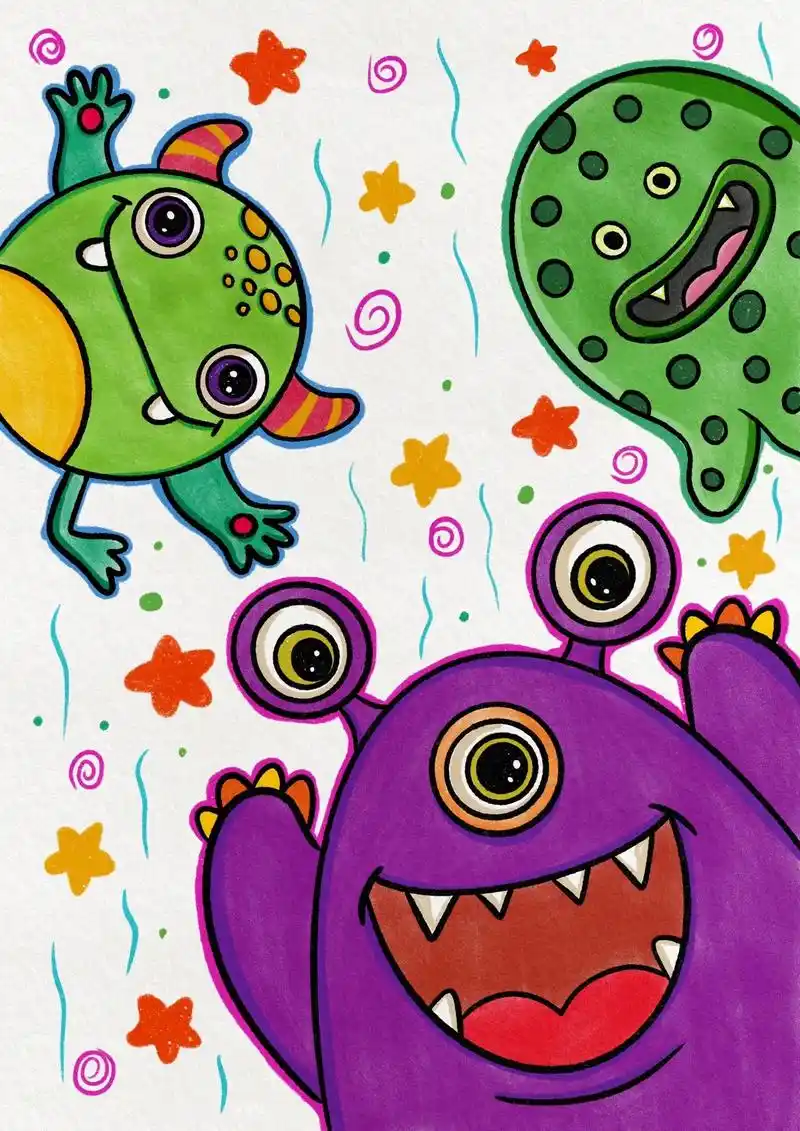 小怪兽创意儿童画来咯,简单的线条夸张的造型发挥 - 抖音