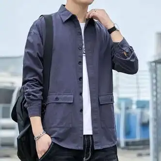 凡摩乔大码棉的长袖衬衫男春秋季港风帅气工装青少年男装上衣外套灰色