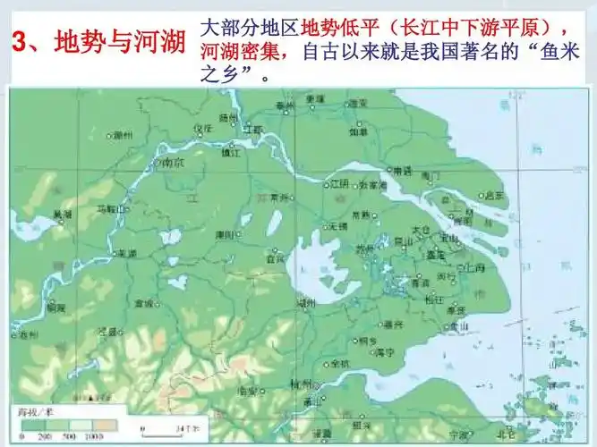 3,地势与河湖 大部分地区地势低平(长江中下游平原), 河湖密集,自古