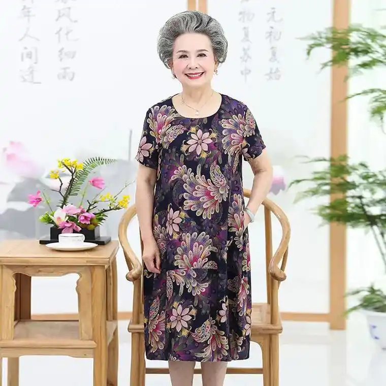 【焱源】中老年人女夏装奶奶连衣裙大 码宽松老人60岁70妈妈 - 抖音