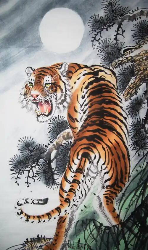 纯手绘国画老虎下山虎镇宅玄关风水字画客厅装饰挂画水墨书画特价