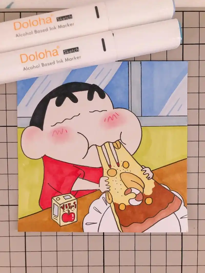 第275幅|蜡笔小新吃披萨卡通画,简笔画.马克笔:多乐绘12 - 抖音