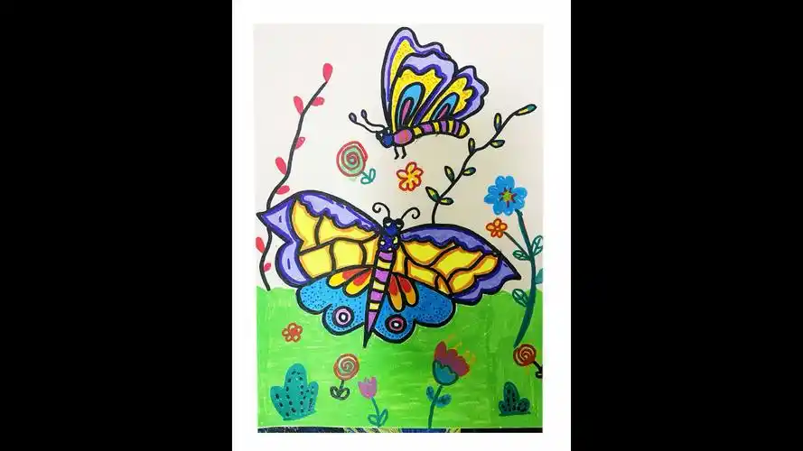 暑期画画第2天打卡 丙烯颜料画儿童简笔画彩色蝴蝶绘画