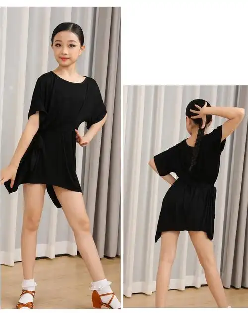 舞蹈服拉丁舞服女童舞蹈练功服少儿拉丁舞裙短袖比赛连衣裙女演出服酒
