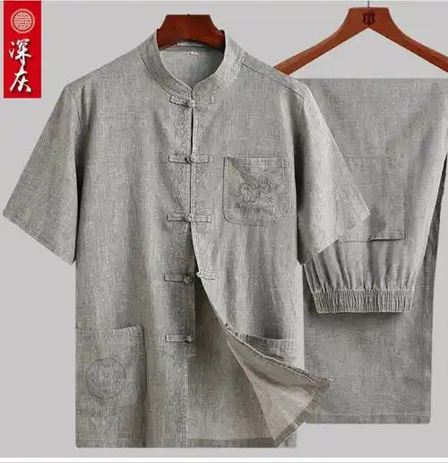 俞兆林中国风亚麻唐装男中老年人夏季短袖衬衫套装棉麻爷爷爸爸夏装