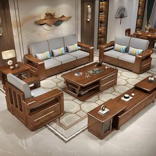 现代中式胡桃木实木沙发1 2 3组合储物木布沙发123轻奢新中式家具