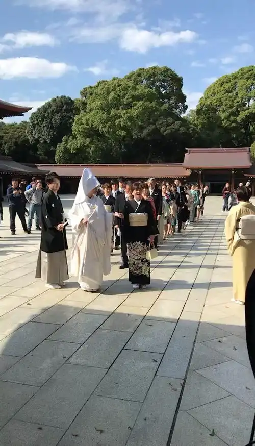 今日遇见四队新人在明治神宫举行婚礼的仪式.