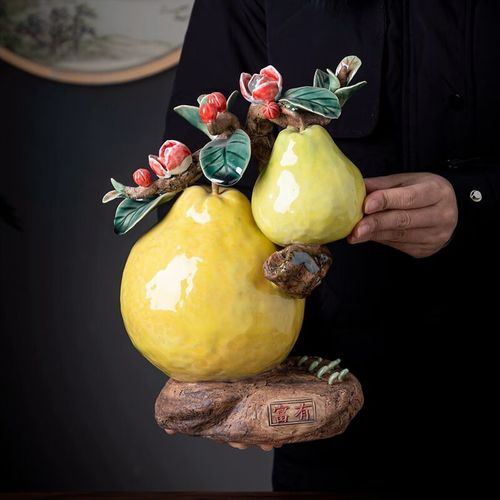 美吔柚子陶瓷水果摆件仿真家居书房电视柜装饰创意手工艺品送礼祝福