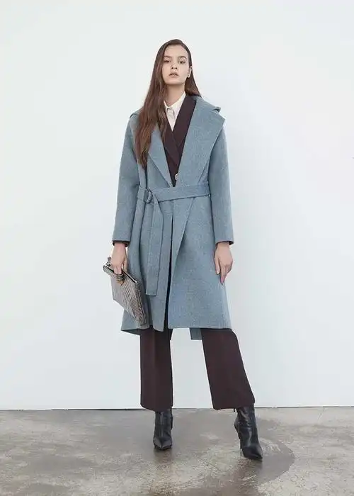 michaa/michaa hood wool blended系列羊绒灰蓝色优雅大衣