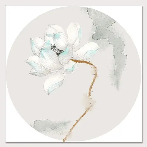 新中式国画荷花小品荷韵圆形装饰画画芯画布高清微喷打印画心画布