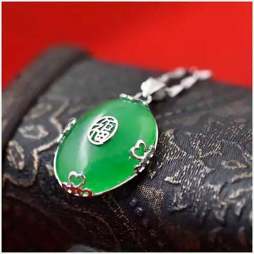 碧玉吊坠女款925银镶嵌玉石吊坠挂件足银项链银包玉石坠孒no2342