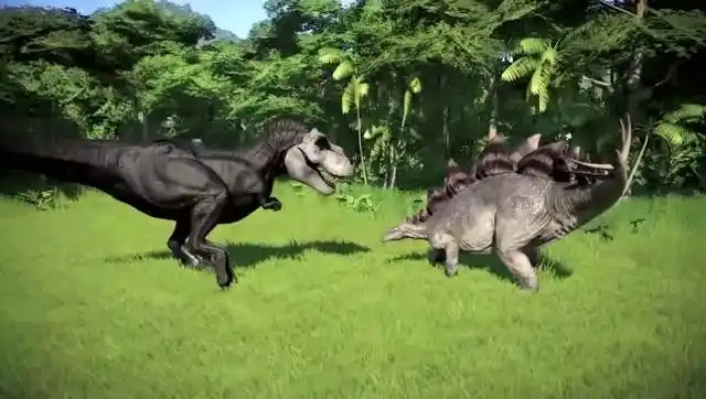 霸王龙激战剑龙,发出胜利的吼叫 恐龙动漫