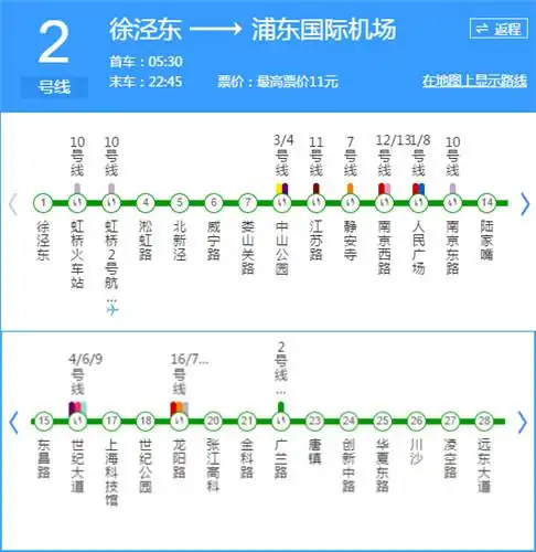 上海地铁2号线线路图时刻表