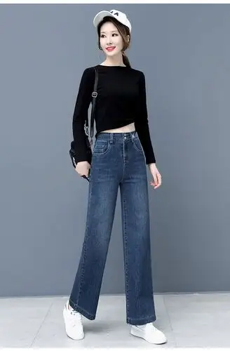 牛仔阔腿裤女直筒宽松2020今年流行新款垂感春秋季显瘦松紧腰裤子