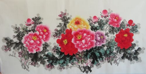 无款玄关客厅字画横幅四尺画芯牡丹花鸟画国画国画