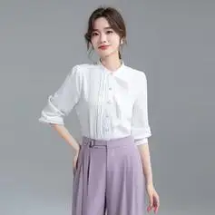 lachapelle拉夏贝尔白色衬衫女2024夏季款新中式立领荷叶边长袖高级感