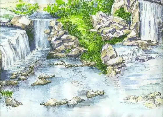 跌泉景观手绘效果图
