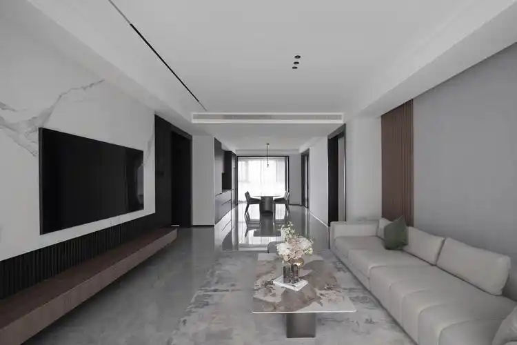 220㎡黑白灰极简现代风胡桃木格栅大理石打造沉稳大气家