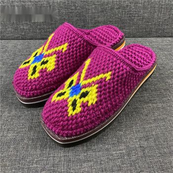 手工毛线拖鞋婚嫁拖鞋居家家居鞋毛线鞋勾毛线鞋情侣手工鞋 玫紫色
