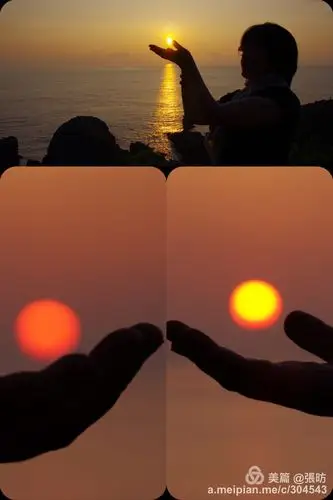 好友的摄影技术超强,夕阳落在我的左手和右手上.