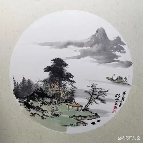 王明山山水画卡纸团扇作品欣赏