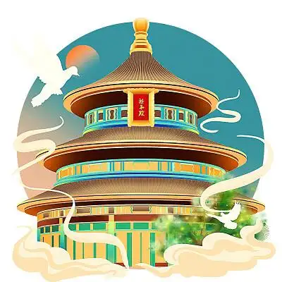 国潮旅游景点天坛祈年殿北京地标建筑古风插画元素