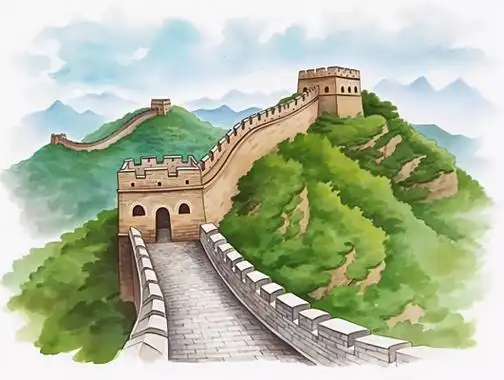 北京长城手绘万里长城烽火古建筑风貌水彩插画旅游景点中国文化