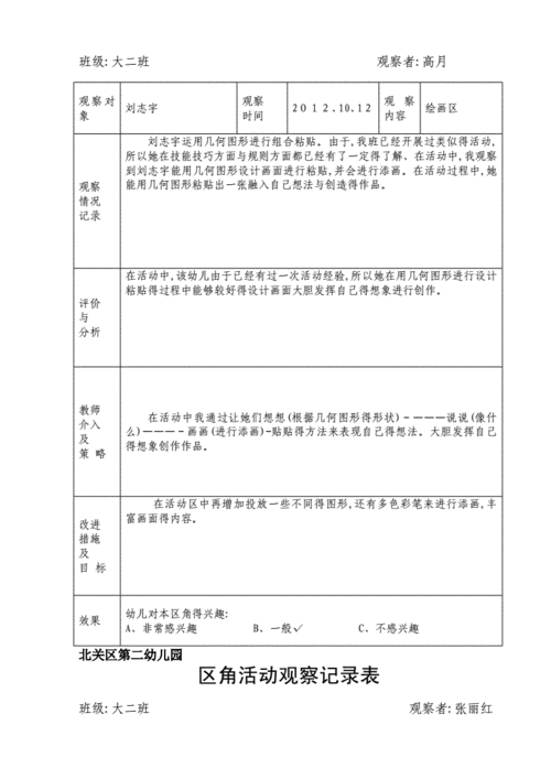 区角活动观察记录表大二班区角观察记录表doc15页
