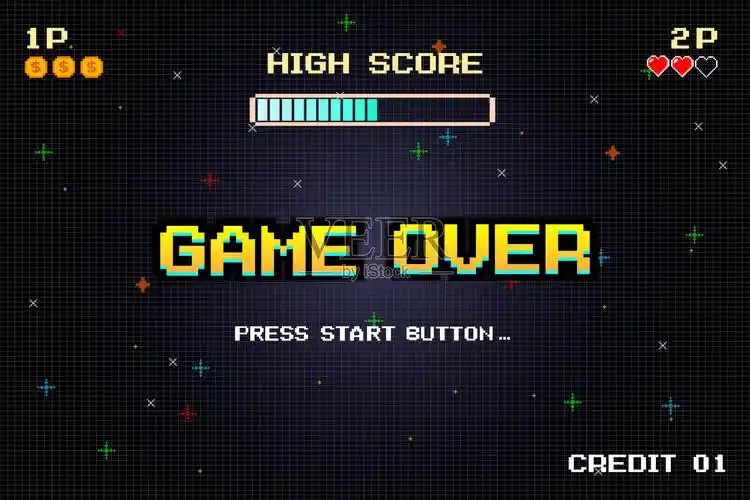 用于游戏资产.复古未来主义科幻背景.发光的霓虹网格和星星