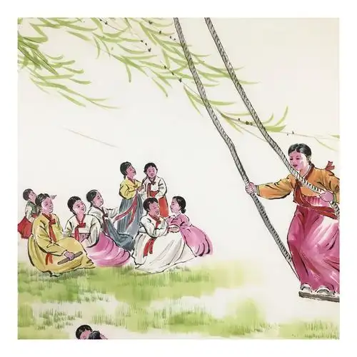 (朝鲜)经典民俗画 成植《荡秋千》平壤美术大学 星朝画廊