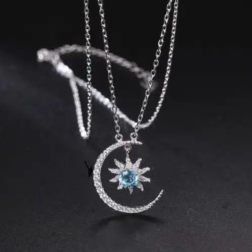 新款设计月亮太阳托帕石项链 法式浪漫925银镶嵌天然彩宝项链吊坠