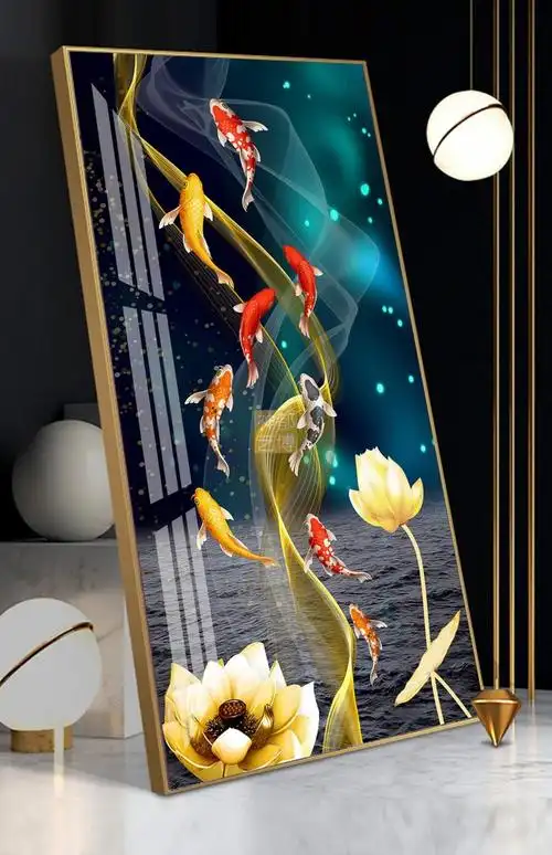 新品精选进门生财玄关画入户正对门挂画走廊尽头墙壁画寓意好九鱼图