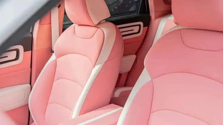 大面积铺装的是手感细腻的软质粉色皮革,中控台部位的皮革还带有icon