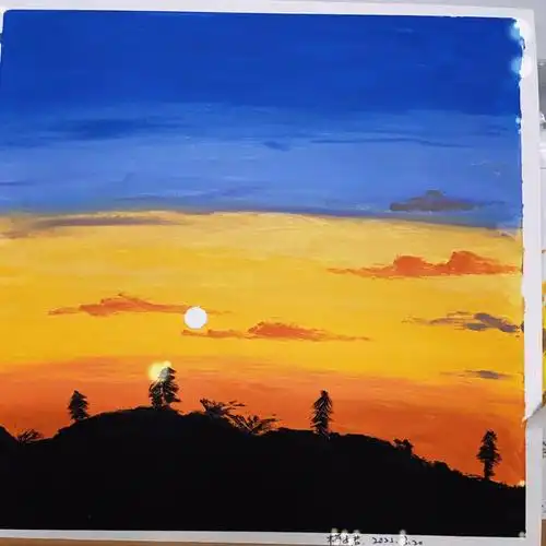 油画棒第28幅日落山头