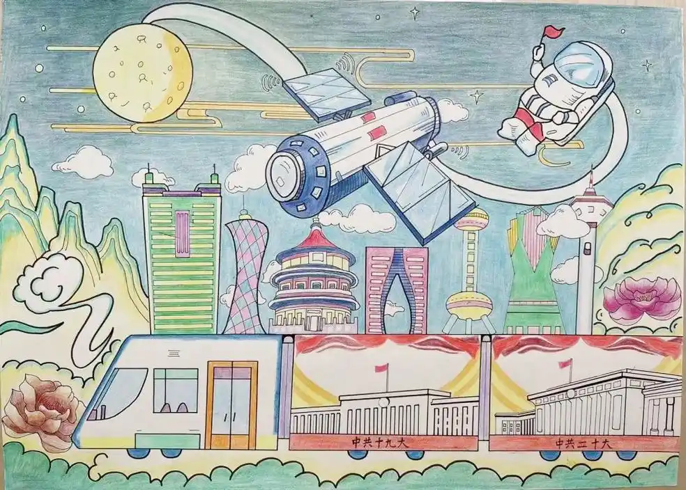 梦为主题,通过表现太空,空间站,宇航员,寓意中国的航天事业蓬勃发展