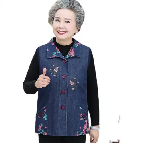 中老年女装春秋牛仔马夹妈妈背心6070老人老太太坎肩奶奶马甲外套