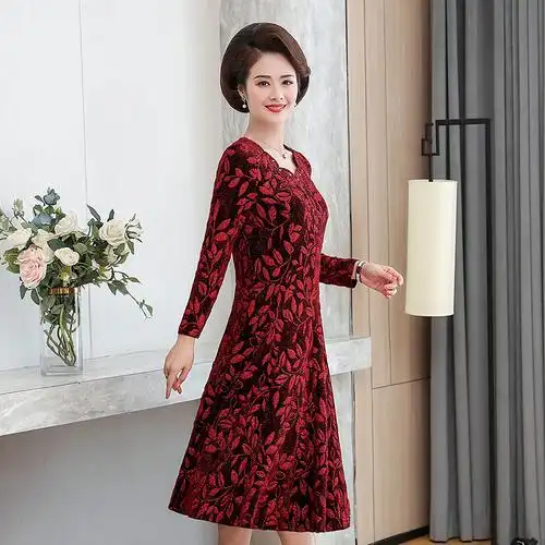 中老年女装新款春装贵夫人妈妈长袖连衣裙50岁中长中老年女装