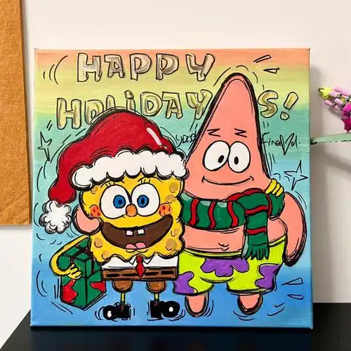 丙烯画海绵宝宝过圣诞