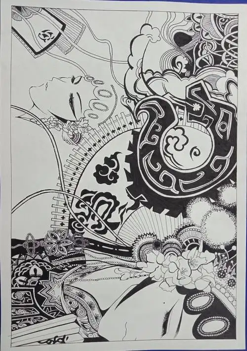 戏曲人物线描黑白装饰画